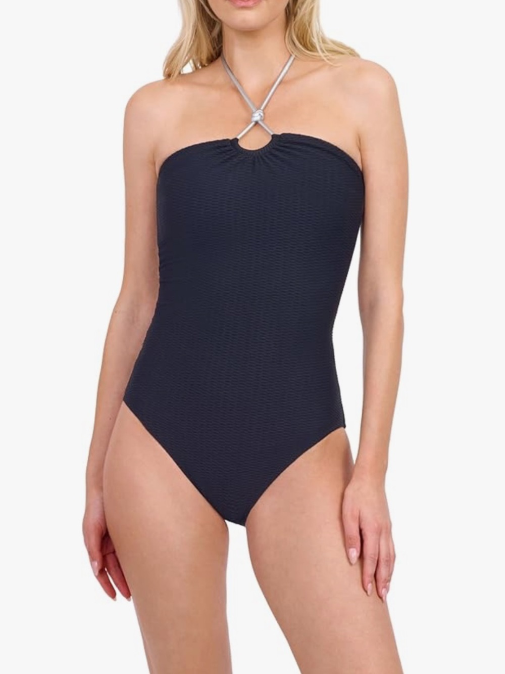 NWT Gottex Swimsuit Size 6 Black Textured Strapless 1-Piece Metallic Silver Ties
